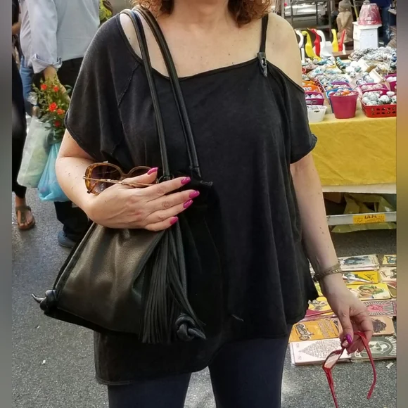 WE THE FREE Charcoal Black One Shoulder Short Sleeve Top EUC - Picture 1 of 6